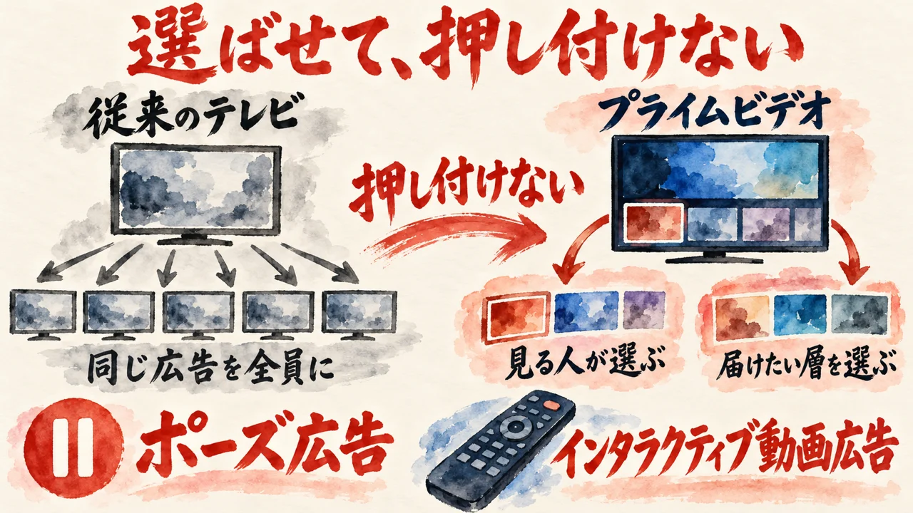 同じ広告を全員に出す従来のテレビと、見る人が選べて届けたい層を選べるプライムビデオを比べ、下にポーズ広告とインタラクティブ動画広告を置いた図解
