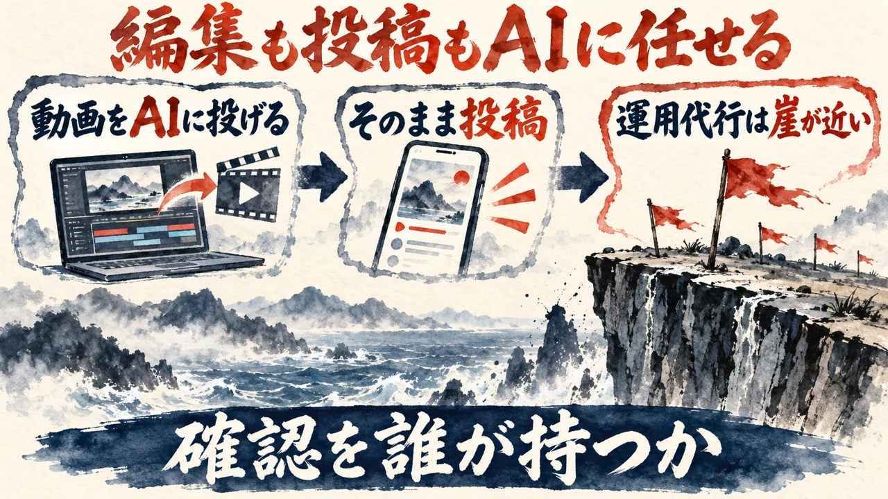 図解。動画をAIに投げる、そのまま投稿、運用代行は崖が近い、の三つの札があり、波の向こうの崖の絵と、下の帯に確認を誰が持つかと書かれている