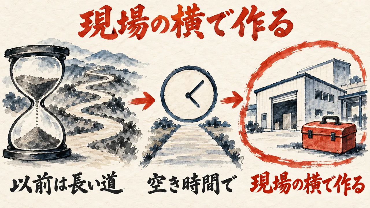以前の長い道、空き時間で終わる短い道、建物の横に道具箱を置く現場の横で作る流れを描いた図解