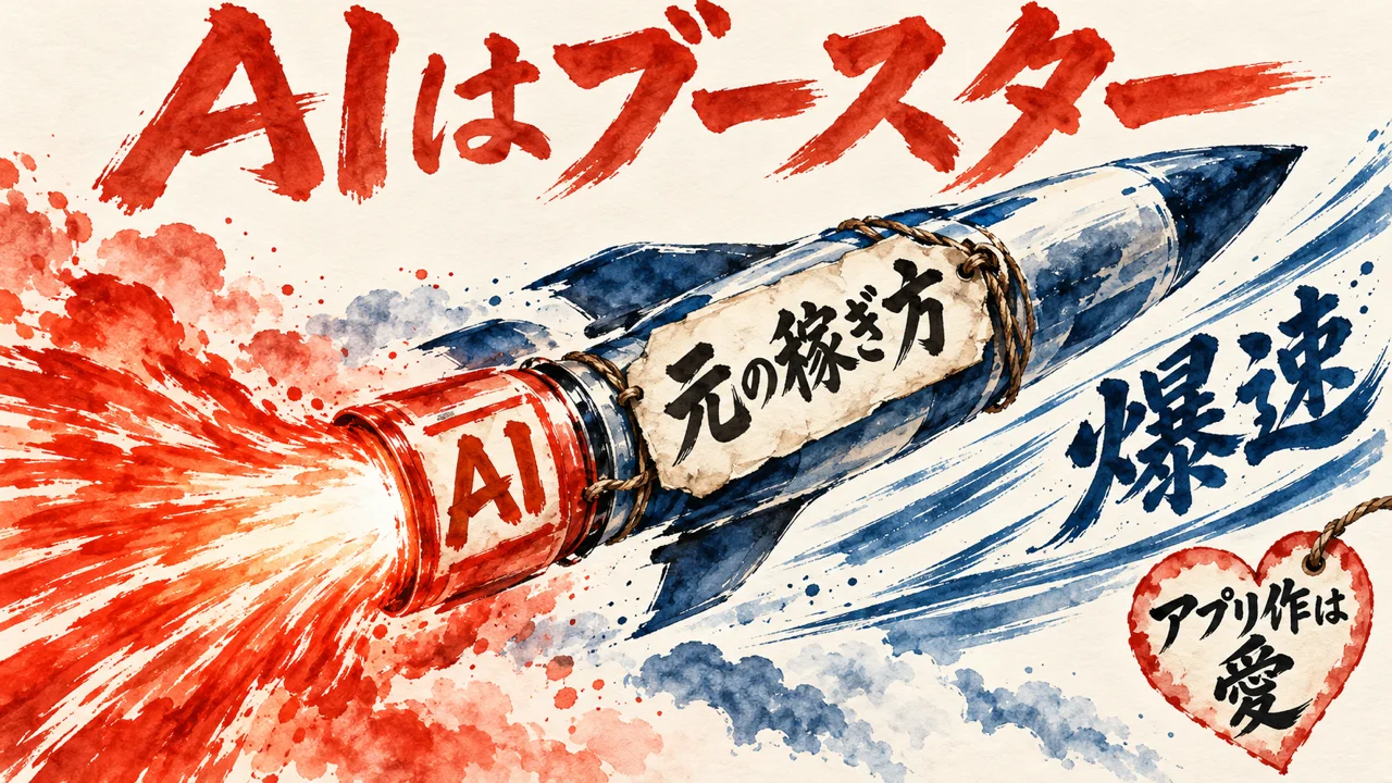 元の稼ぎ方と書かれたロケットに、AIのブースターが炎を噴いて爆速で進む図解。アプリ作は愛のハートの札つき