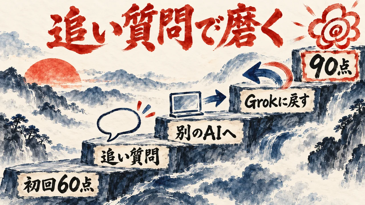 初回60点、追い質問、別のAIへ、Grokに戻す、90点の五段の階段を上がる図解
