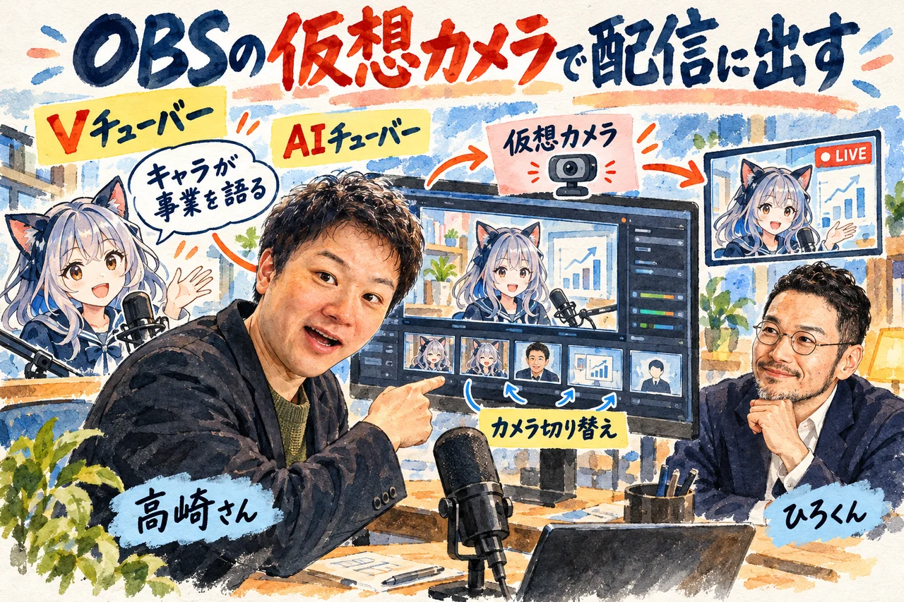 OBSの仮想カメラで配信に出す｜Vチューバーやキャラが事業を語る使い方を高崎さんが説明する場面の図