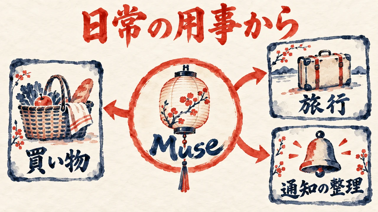 Muse の円から、買い物、旅行、通知の整理、の三つの札へ矢印が伸びる図解