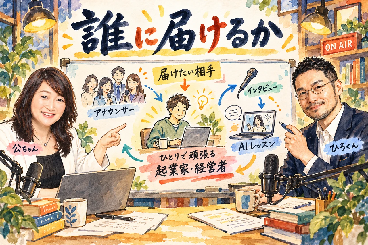 誰に届けるか｜助けたい相手はアナウンサーではなく、ひとりで頑張る起業家・経営者だと公ちゃんが話した場面の図