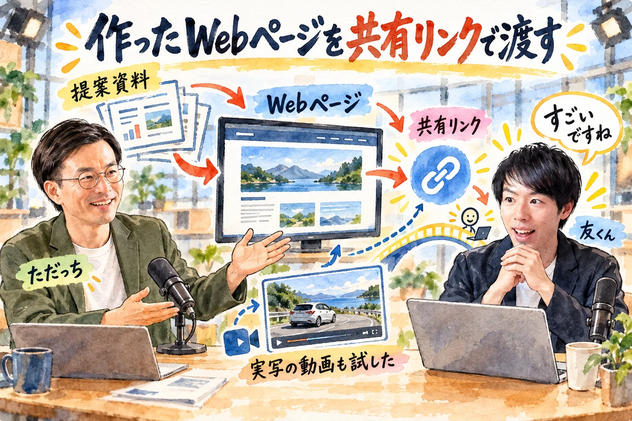 共有リンク｜ただっちが提案資料から作ったWebページを、友くんの画面で開いて確かめる場面