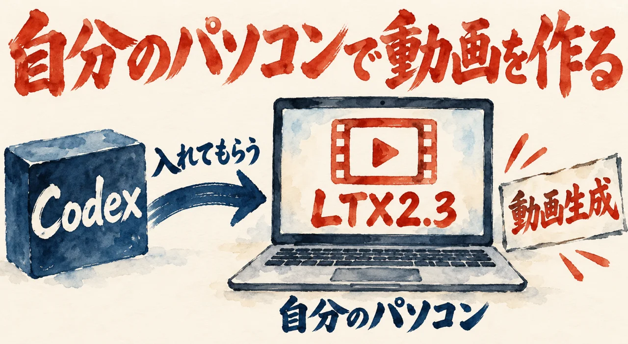 Codexの箱から入れてもらう矢印で、自分のパソコンの画面の中にLTX2.3のフィルムが入る図解
