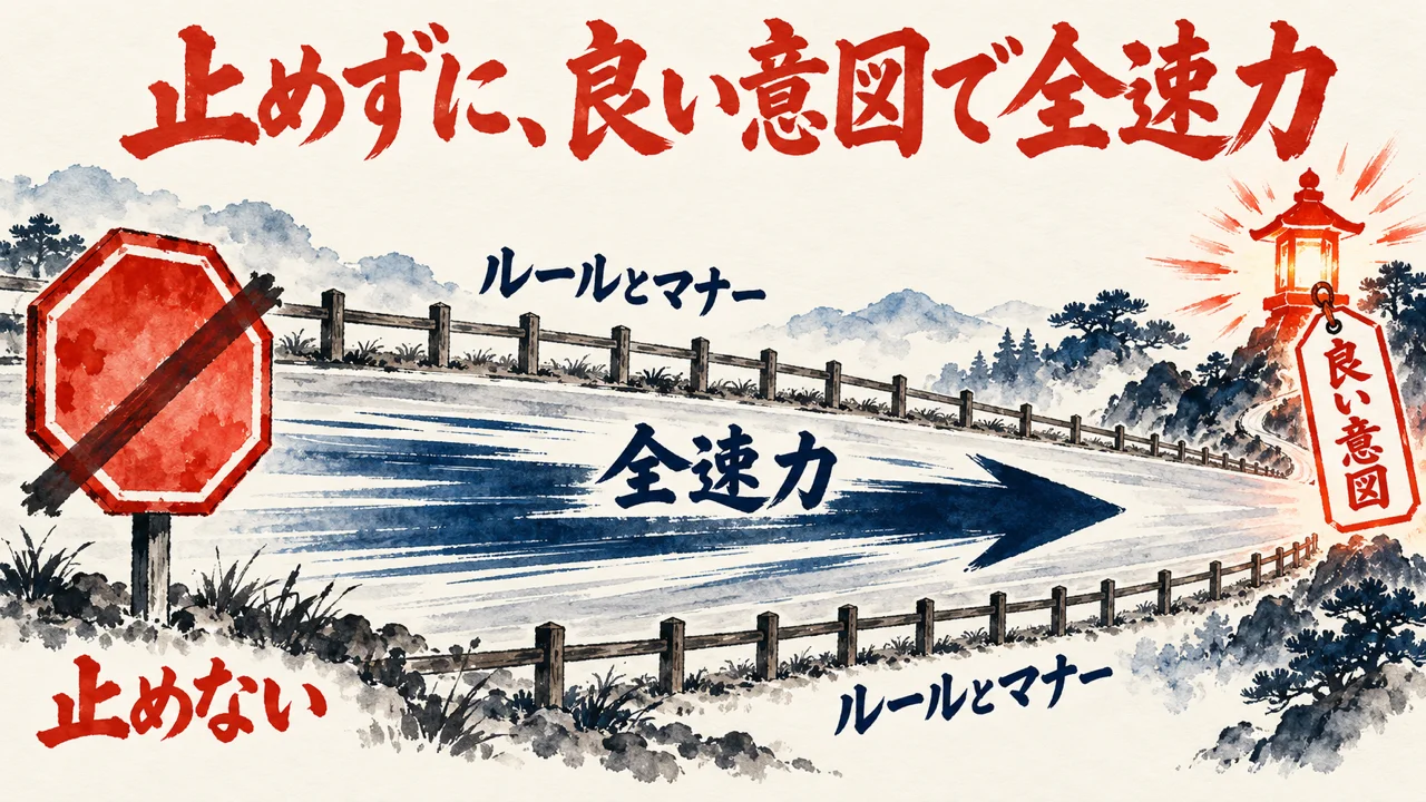 止まれの標識に斜線が入り、ルールとマナーの柵が続く道を全速力の矢印が進み、良い意図の灯りへ向かう図解