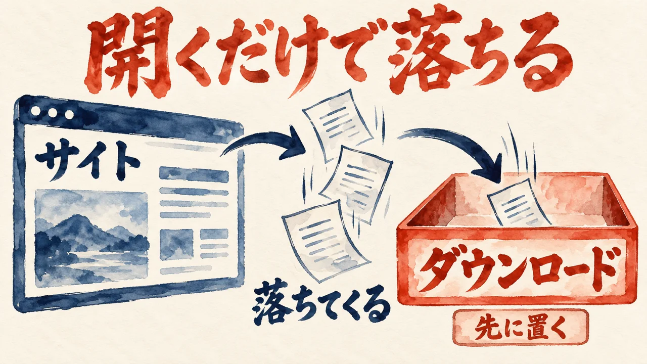 サイトの画面から書類が落ちてきてダウンロードの箱に入り、箱の下に先に置くの札がある図解