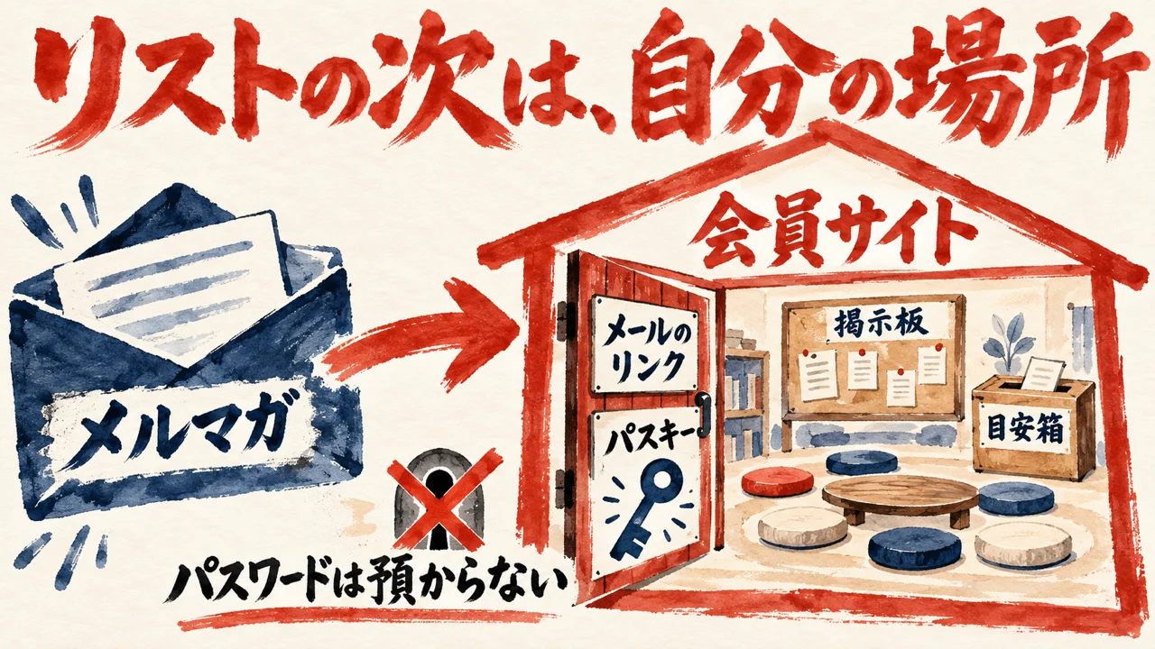 左のメルマガの封筒から、右の会員サイトの家へ大きな矢印。扉にはメールのリンクとパスキーの札があり、パスワードは預からないの札にバツ印がつく。家の中に掲示板と目安箱が並ぶ図解