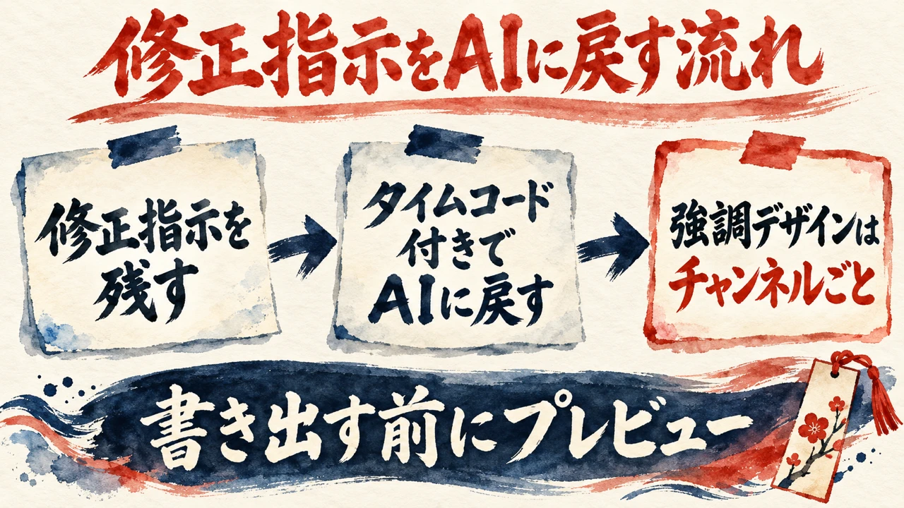 図解。修正指示を残す、タイムコード付きでAIに戻す、強調デザインはチャンネルごと、の三枚の付箋が矢印で並び、下の帯に書き出す前にプレビューの文字と栞の水彩画。見出しは修正指示をAIに戻す流れ