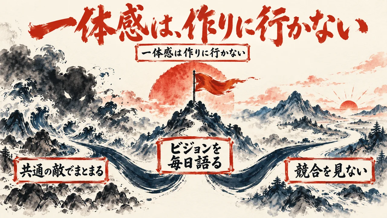 図解。中央のビジョンを毎日語るを軸に、左に共通の敵でまとまる、右に競合を見ない、が分かれる分岐図。旗と朝日の水彩画が添えられている。見出しは、一体感は、作りに行かない
