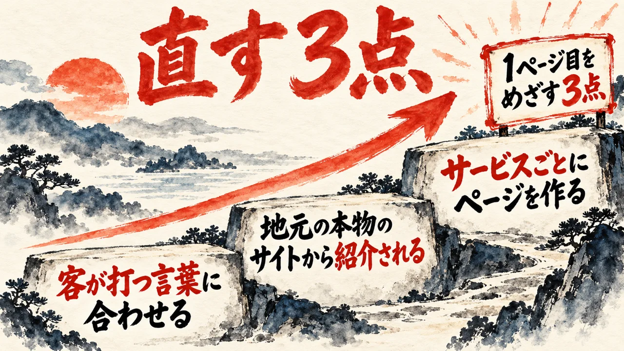 直す3点の階段の図解。客が打つ言葉に合わせる、地元の本物のサイトから紹介される、サービスごとにページを作る