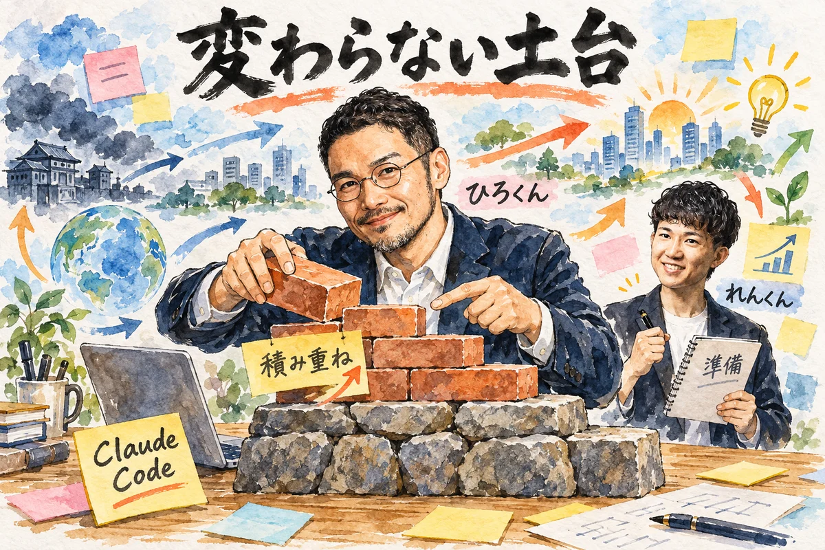石の土台の上にレンガを積み、変わらない基本を学ぶ様子を描いたグラレコ