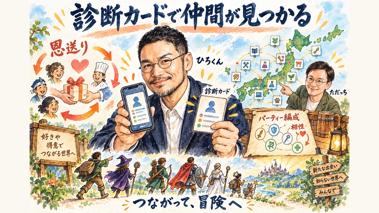 診断カードを出して仲間が見つかる場とパーティー編成の構想を、ひろくんとただっちが語る場面のグラレコ