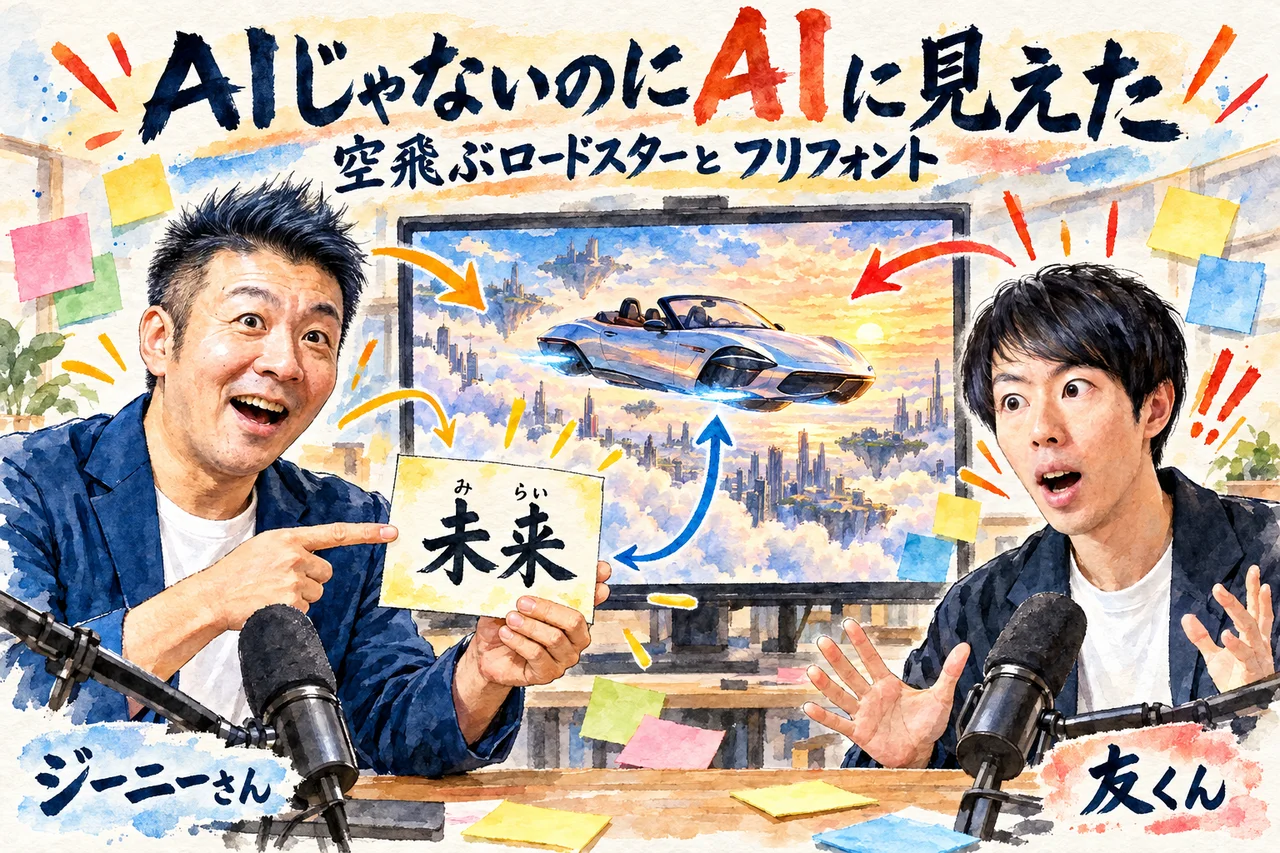 AIじゃないのにAIに見えた｜ジーニーさんがフリフォント、友くんが空飛ぶロードスターの映像を紹介する場面