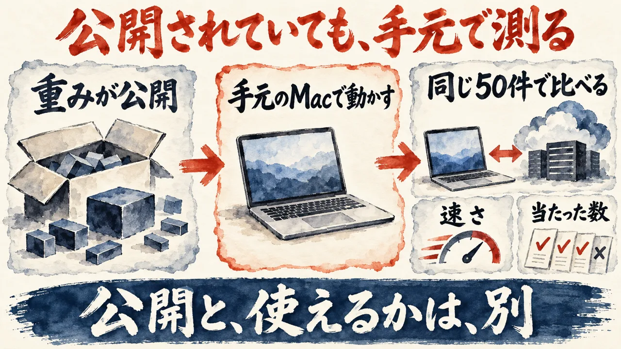 重みの公開と使えるかの確かめ方の図解。重みが公開されているモデルを手元のMacで動かし、同じ50件でクラウドのモデルと比べる流れを示している