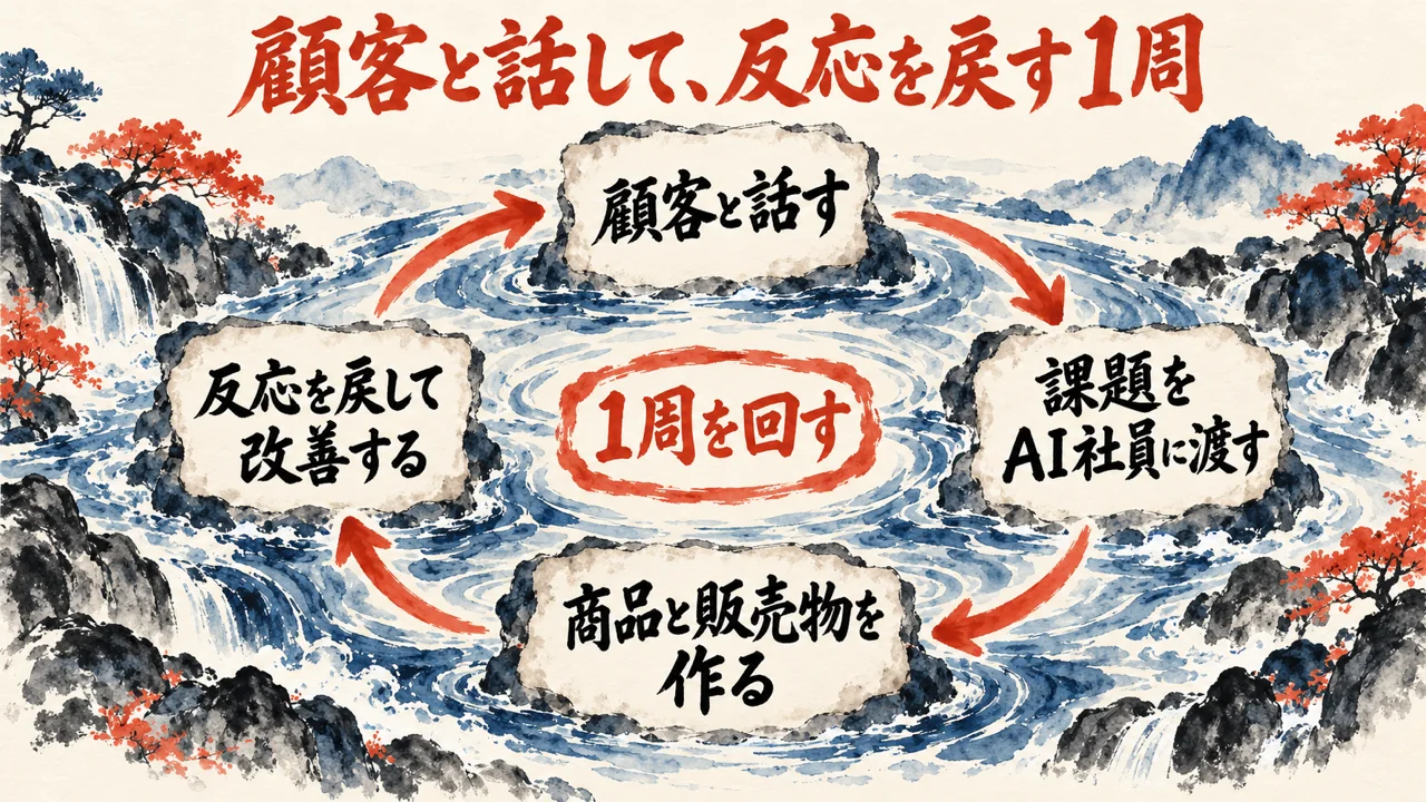 商品づくりと販売の1周の図解。顧客と話す、課題をAI社員に渡す、商品と販売物を作る、売った後の反応を戻して改善する、の4つの札が円を描いて並んでいる