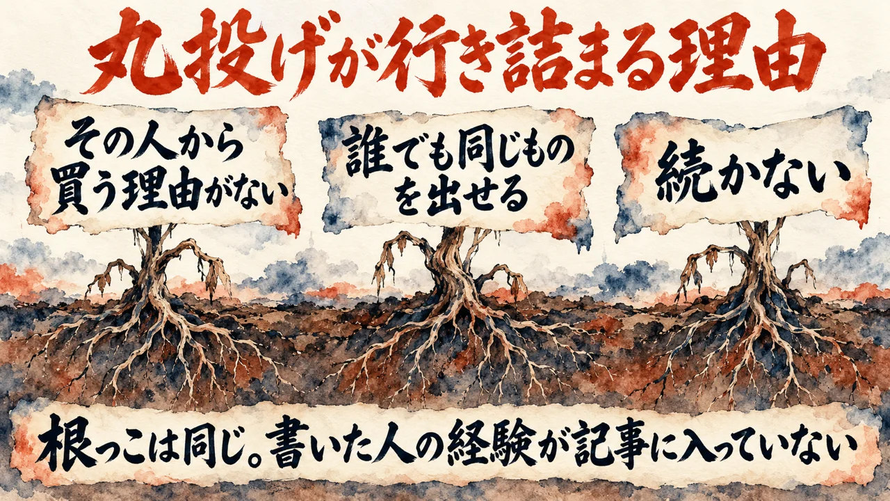 AI丸投げが行き詰まる理由。買う理由がない、誰でも同じ、続かないを、横に並ぶ札で描いた水彩の図解