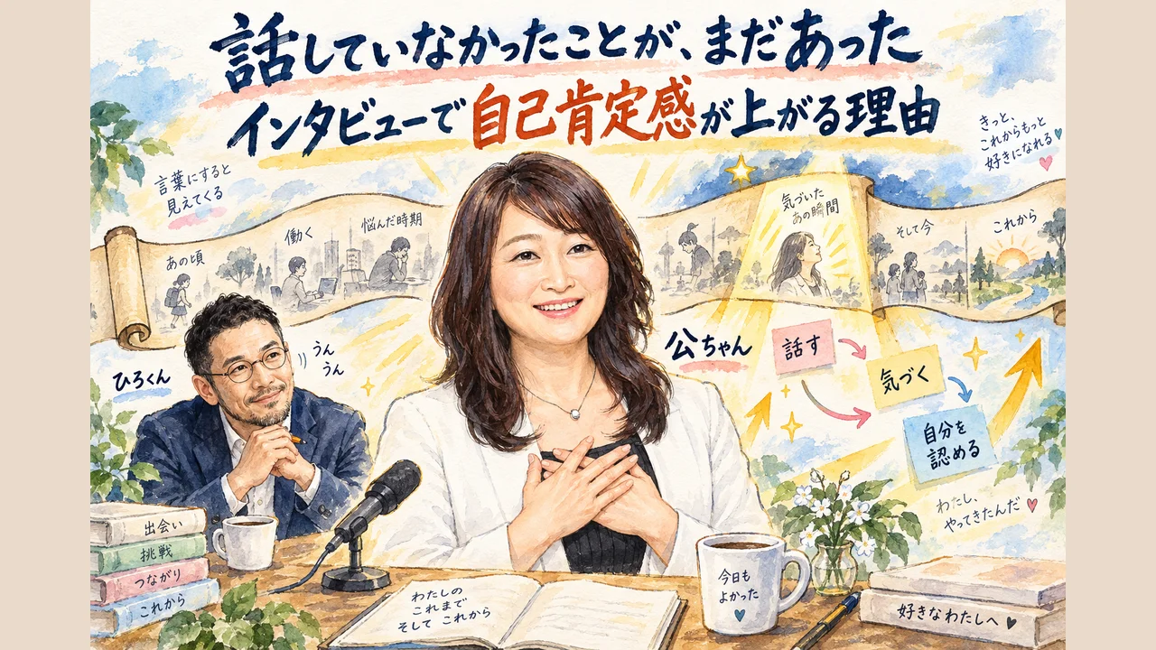 公ちゃんが胸に手を当て、インタビューで話すことで気づきが生まれ、自己肯定感が上がる流れを描いたグラレコ