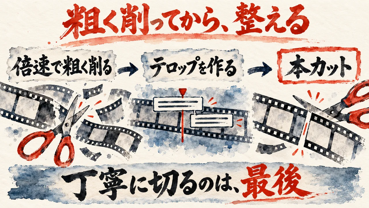 粗いカット、テロップ、本カットの順番の図解