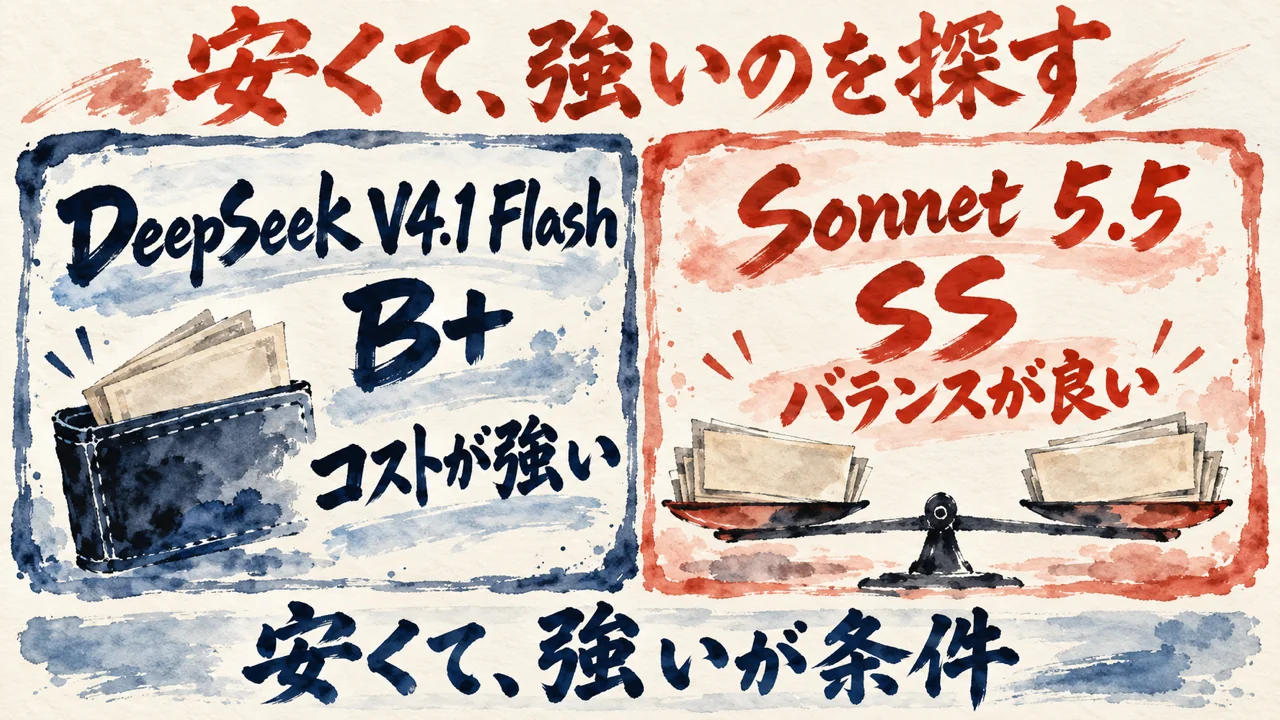 DeepSeek V4.1 Flash の B+ と Sonnet 5.5 の SS を並べた図解