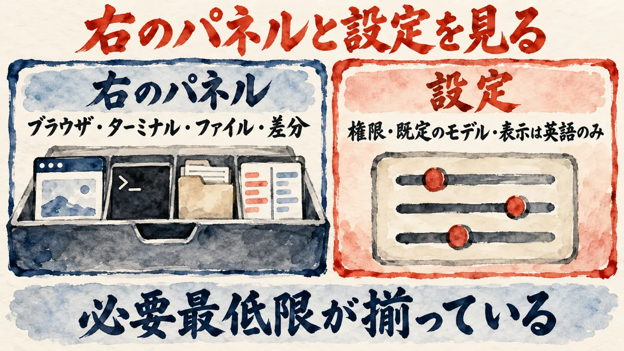 右のパネルと設定の図解。左のカードに右のパネルで使える物として、ブラウザ・ターミナル・ファイル・差分・サブエージェントの表示、右の朱色の枠のカードに設定として、権限・新しいスレッドの既定のモデル・表示は英語のみ、と並べ、下に必要最低限が揃っている、と添えている