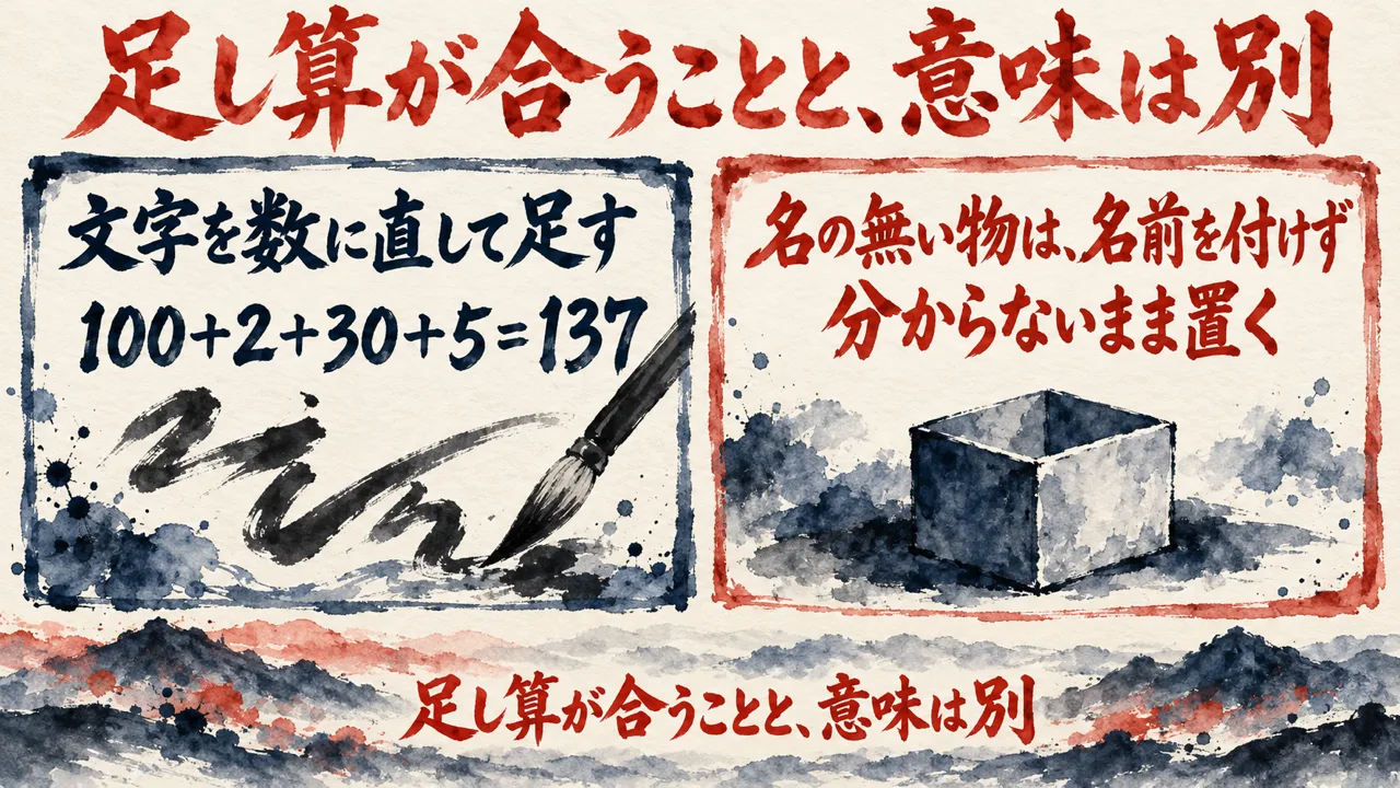 足し算が合うことと意味は別、を示す図解。左に、文字を数に直して足す、100と2と30と5を足して137、右に、名の無い物は名前を付けず分からないまま置く、と箱の絵を並べている