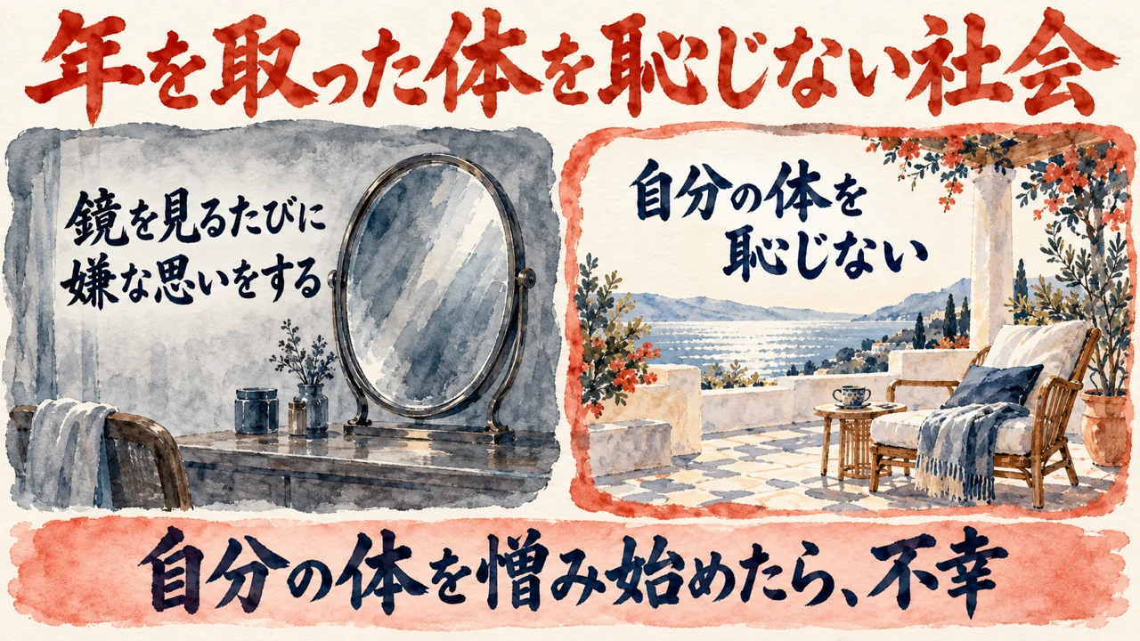 年を取った体を恥じない社会の図解。左に鏡を見るたびに嫌な思いをする国、右に体を恥じない社会、の二つのカード。下に自分の体を憎み始めたら不幸、と添えている