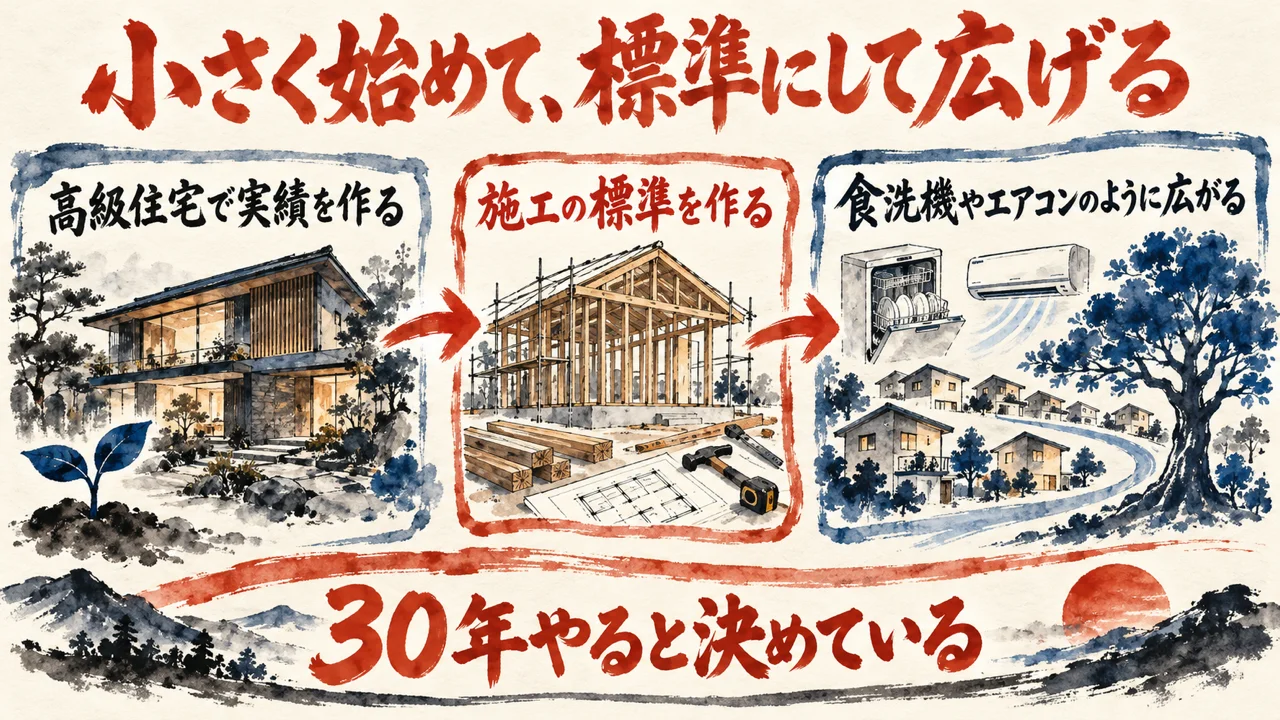 高級住宅から広げる事業の組み立ての図解。左に最初の高級住宅で実績を作る、中央に施工の標準を作る、右に食洗機やエアコンのように広がる、と矢印で並べ、下に30年やると決めている、と添えている