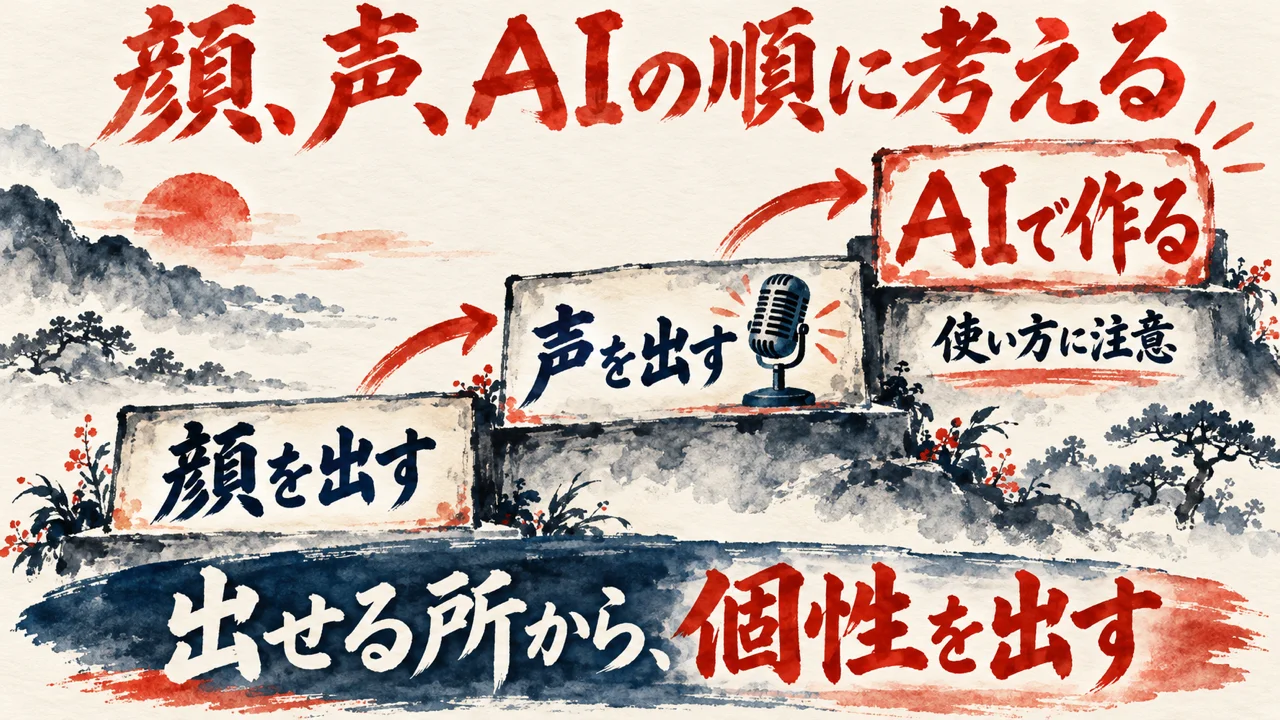 顔を出す、声を出す、AIで作る、の順に上がる三段の階段で、AIは使い方に注意、と添えた水彩の図解
