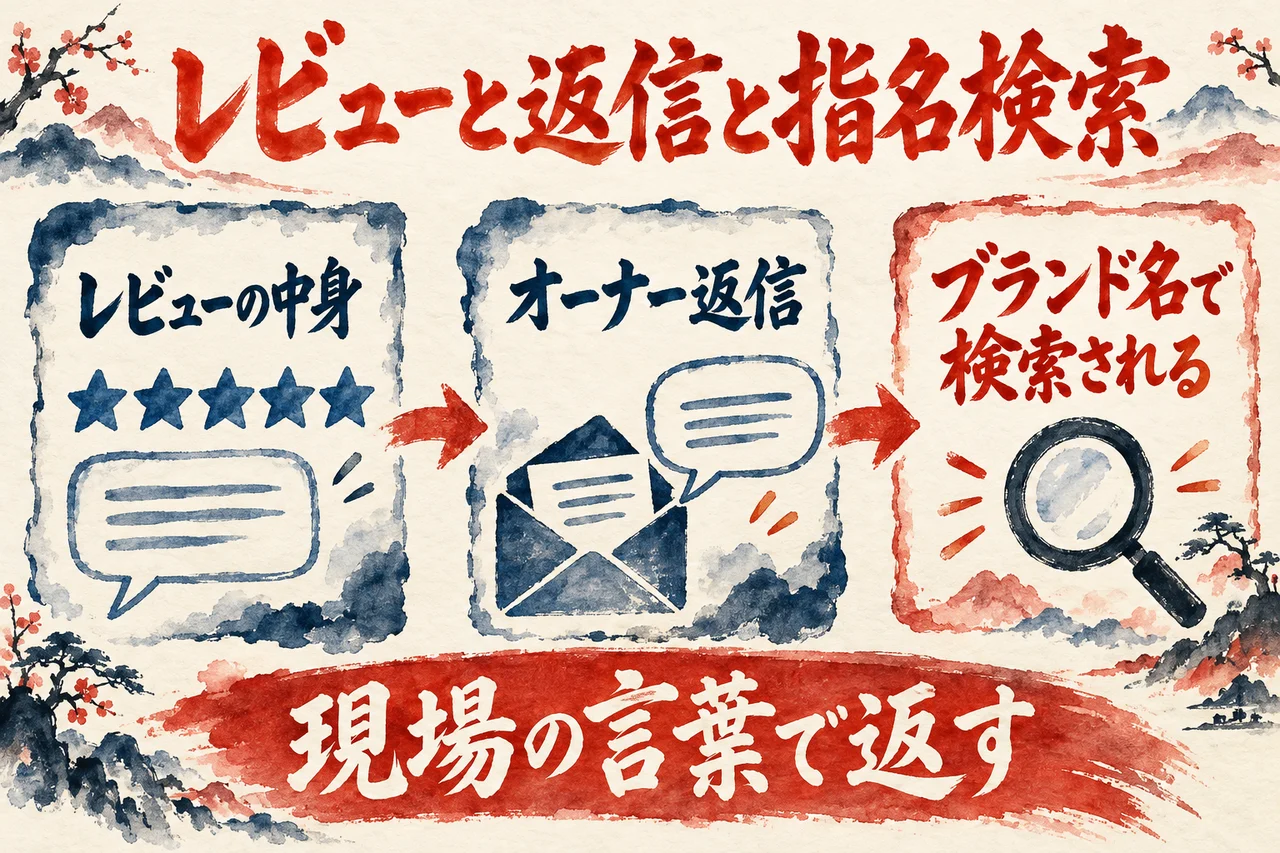 レビューとブランド検索の図解。左にレビューの中身、中央にオーナー返信、右にブランド名で検索される、と並び、下に現場の言葉で返す、と添えている