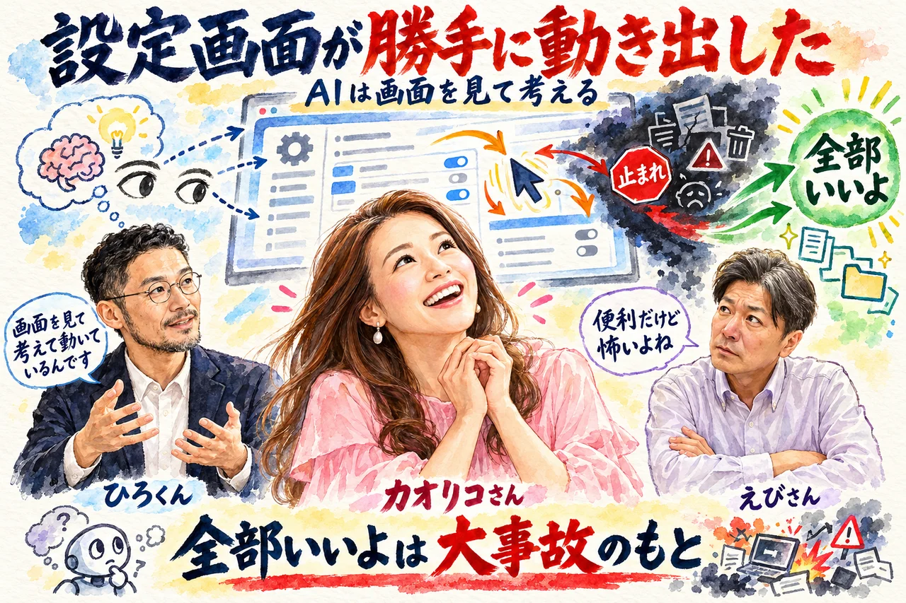 設定画面が勝手に動き出した｜三人が画面上でひとりでに動くマウスの矢印を見つめる場面