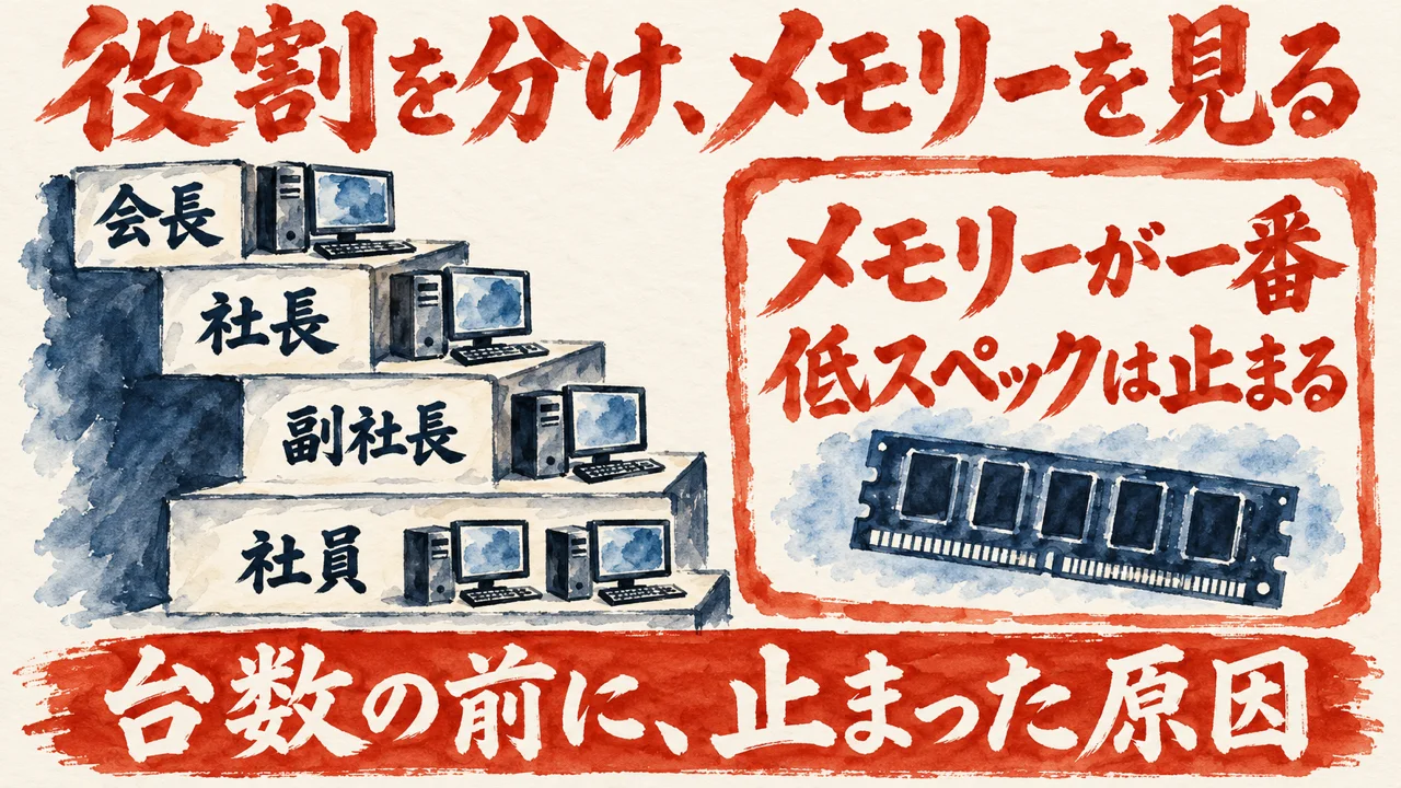 体制の図解。左に会長から社長、副社長、社員へ仕事が下りる階段、右の朱色の枠のカードにメモリーが一番、低スペックは止まる、と並べ、下に台数の前に止まった原因、と添えている