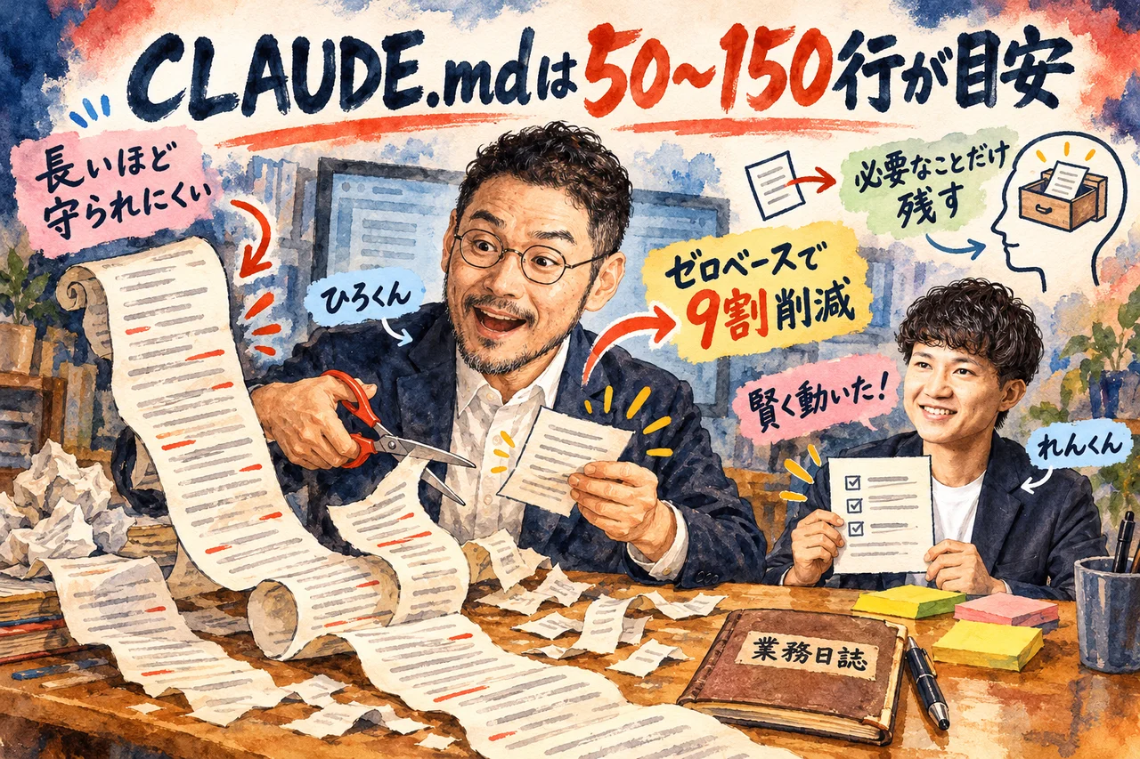 CLAUDE.mdは50〜150行が目安｜ひろくんが長いCLAUDE.mdをゼロベースで削る場面
