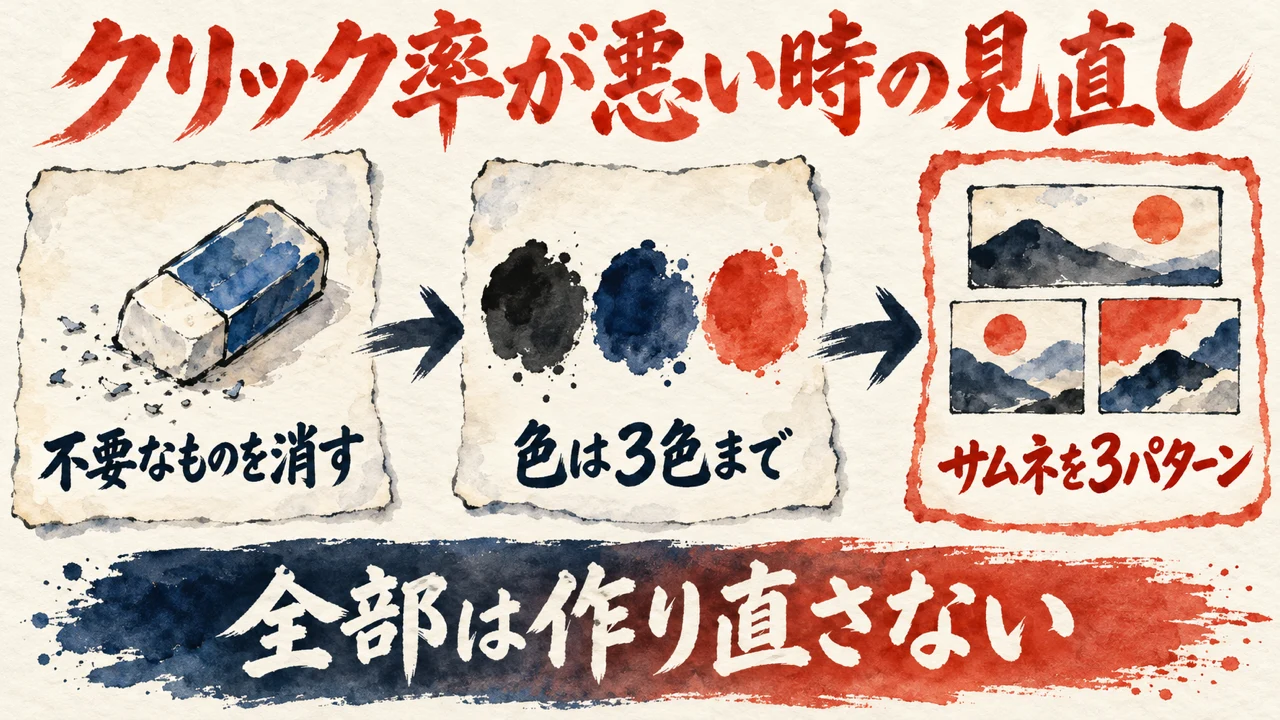 クリック率が悪い時の見直しの図解。不要なものを消す、色は3色まで、サムネを3パターン、の3枚の札が矢印でつながり、下の帯に全部は作り直さないと書かれている。