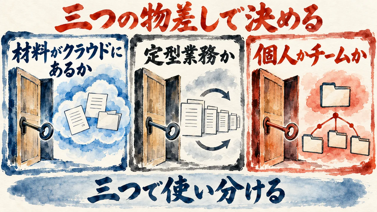 判断の物差しの図解。三枚のカードに、材料がクラウドにあるか、定型業務か、個人かチームか、と並べ、下に三つで使い分ける、と添えている
