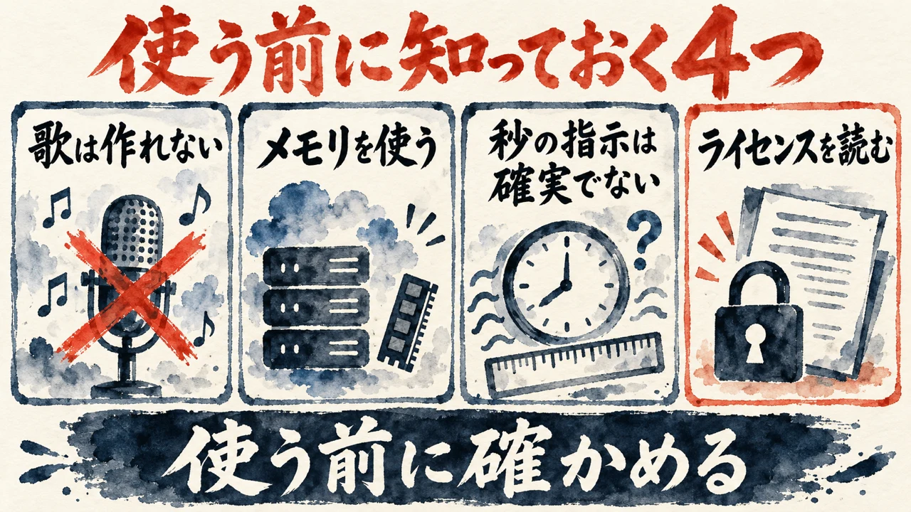 使う前に知っておく四つの図解。歌は作れない、メモリを使う、秒の指示は確実でない、ライセンスは本体を読む、の四つのカードを並べ、朱色の枠で商用の前は本体のライセンスを読む、と添えている