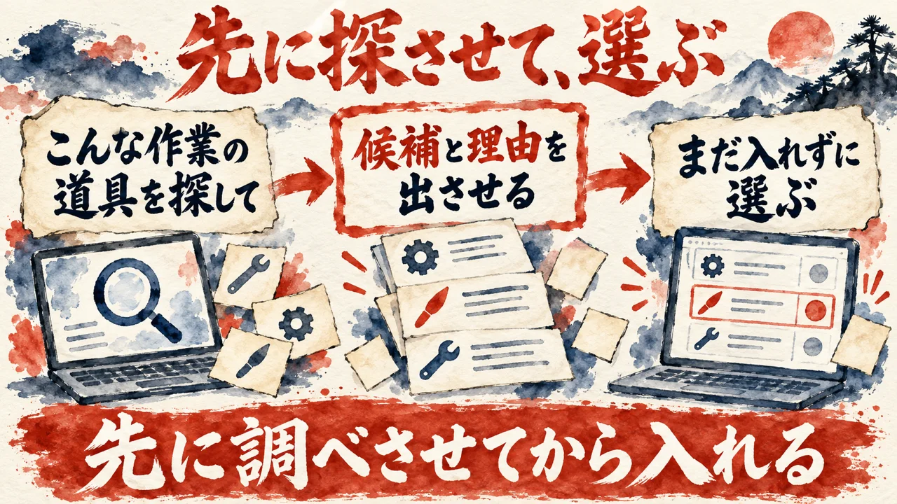 道具の探し方の図解。左の札にこんな作業の道具を探して、中央の朱色の札に候補と理由を出させる、右の札にまだ入れずに選ぶ、を矢印で並べ、下の帯に先に調べさせてから入れる、と書かれている