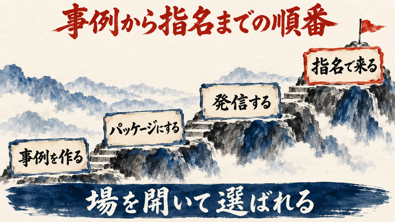 図解。事例を作る、パッケージにする、発信する、指名で来る、と山の段を上っていく順番。下の帯に、場を開いて選ばれる、と書かれている