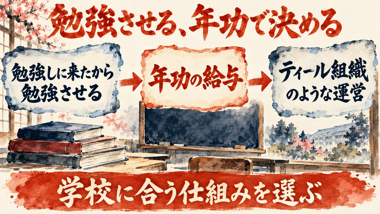 学校の仕組みの図解。左の札に勉強しに来たから勉強させる、中央の朱色の枠の札に年功の給与、右の札にティール組織のような運営を置き、下の帯に学校に合う仕組みを選ぶ、と書かれている