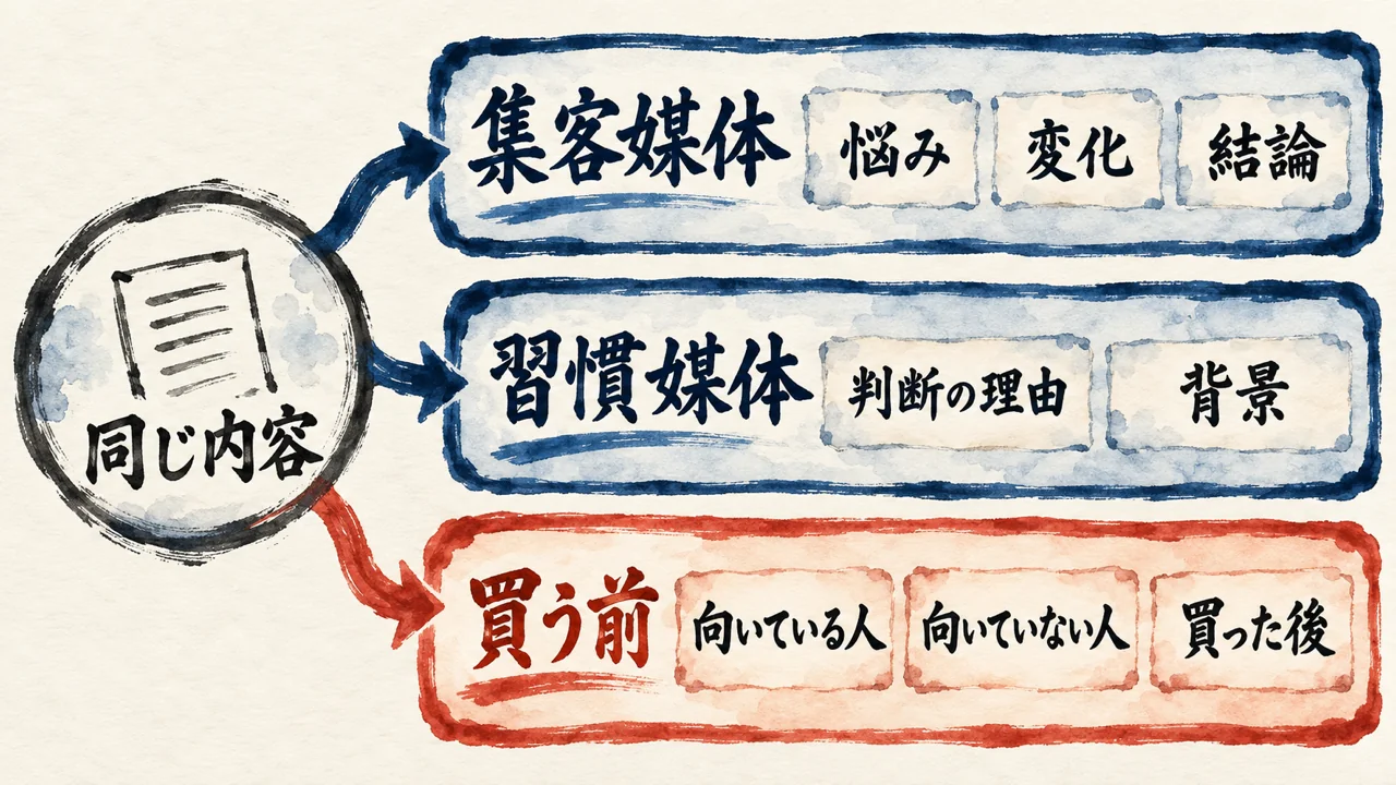 同じ内容を、集客媒体は悩み・変化・結論、習慣媒体は判断の理由・背景、買う前は向いている人・向いていない人・買った後、の3つに分けて見せる分解の図解
