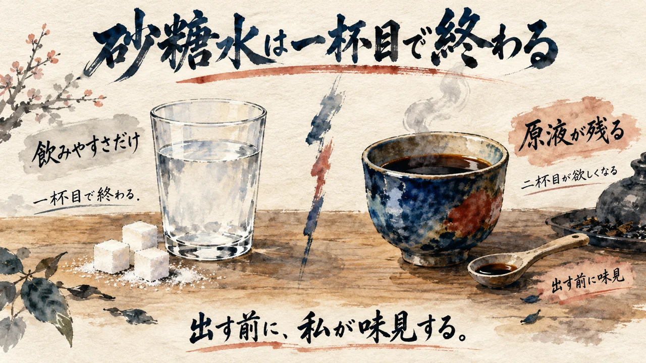 砂糖水は一杯目で終わる：飲みやすさだけのコップと、原液が残る一杯