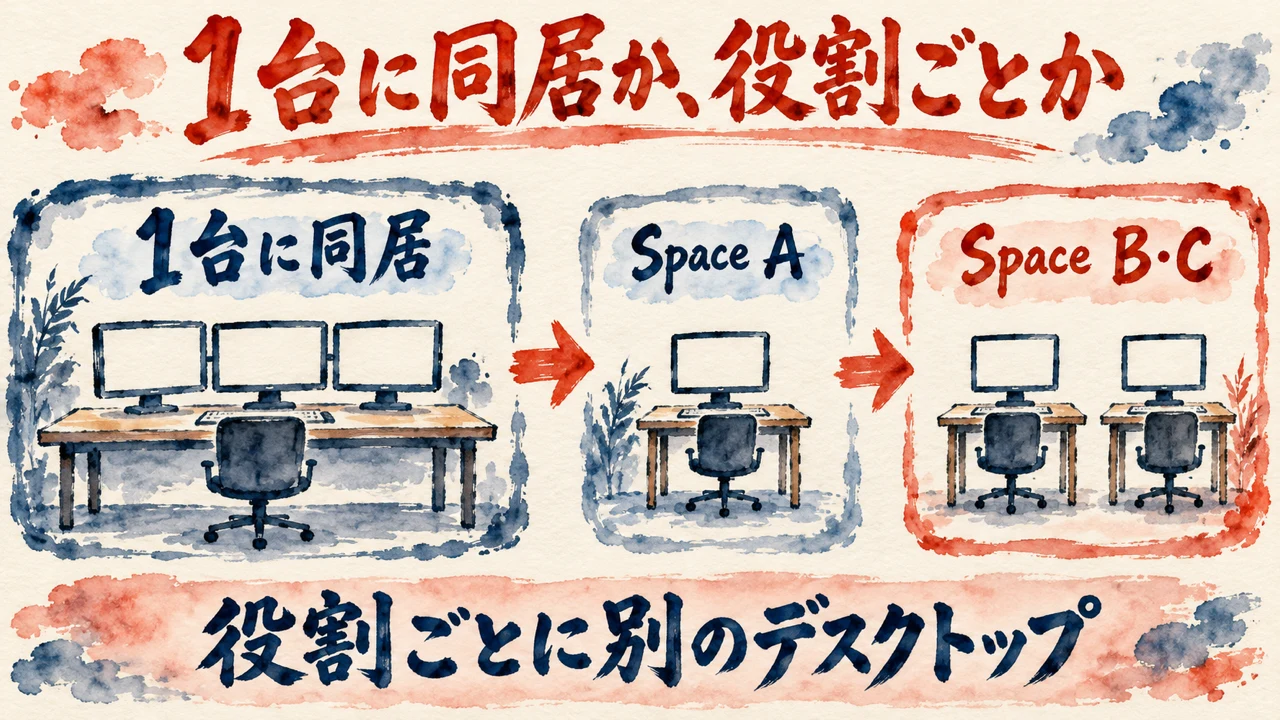 「1台に同居か、役割ごとか」の図解。「1台に同居」「Space A」「Space B・C」の三つの札と机の水彩画。下の帯に「役割ごとに別のデスクトップ」