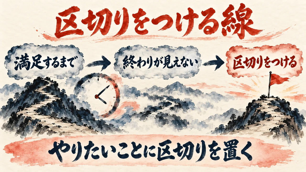 区切りをつける線という図解。満足するまで、終わりが見えない、区切りをつけるの3つの雲が矢印でつながり、霧の山道の先に赤い旗の立つ山頂がある。下にやりたいことに区切りを置くの帯