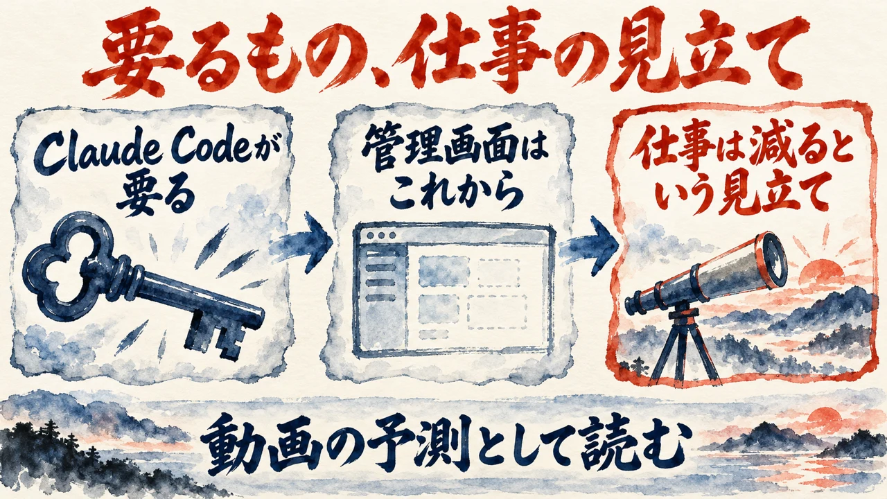 「要るもの、仕事の見立て」の図解。「Claude Codeが要る」「管理画面はこれから」「仕事は減るという見立て」の三つの札が矢印で並び、下の帯に「動画の予測として読む」