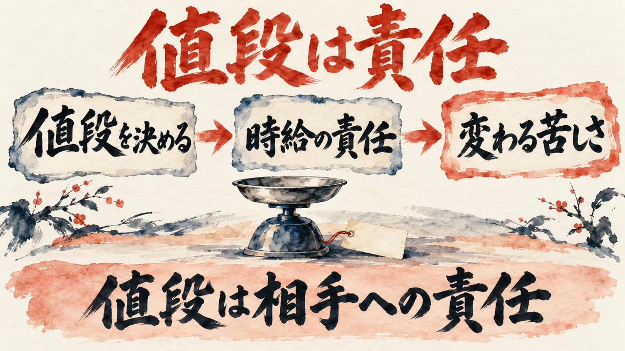 値段を責任として見るという図解。値段を決める、時給の責任、変わる苦しさの3つの札が矢印でつながる。下に値段は相手への責任の帯