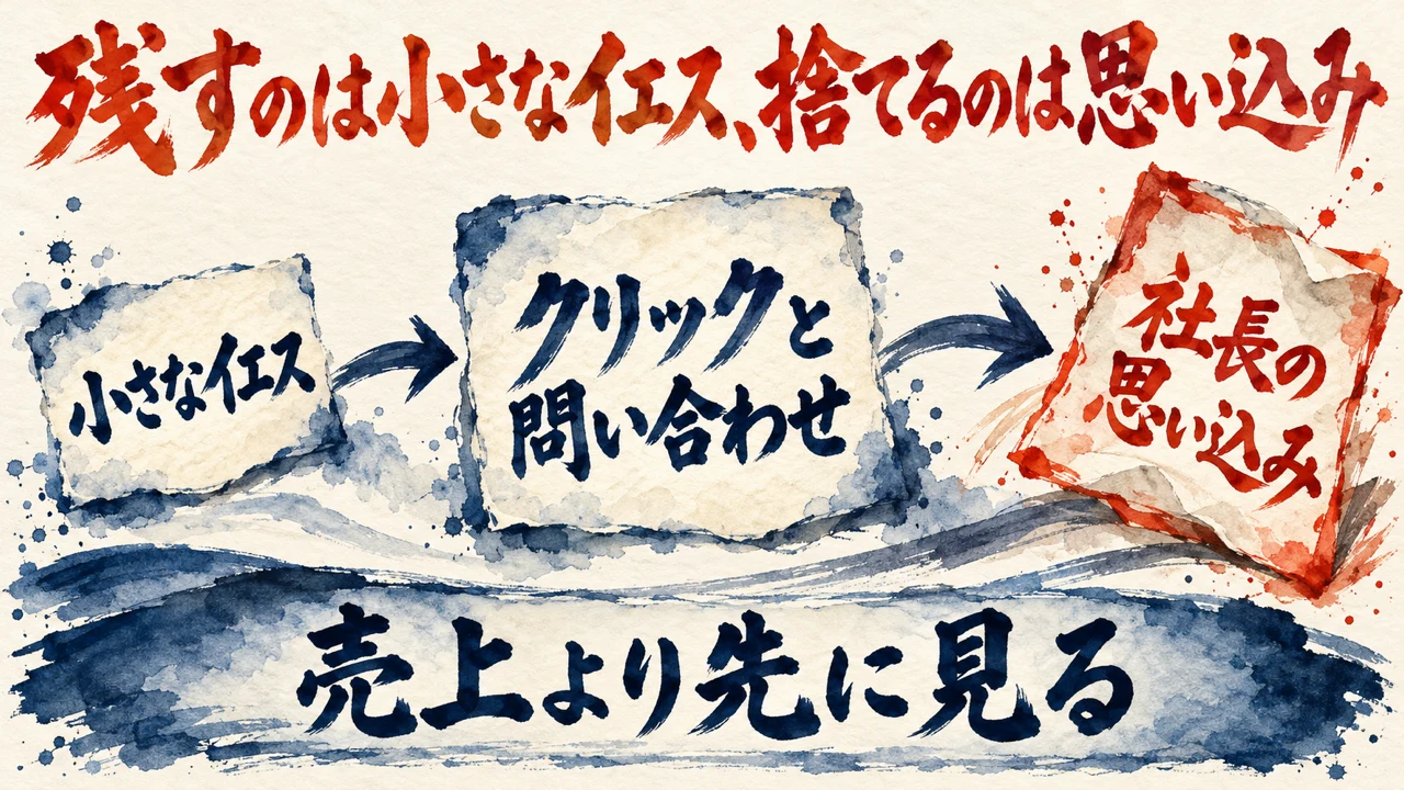和紙に描いた水彩の図解。小さなイエス、クリックと問い合わせ、社長の思い込み、の3つが矢印でつながり、下の帯に売上より先に見る、と書かれている。