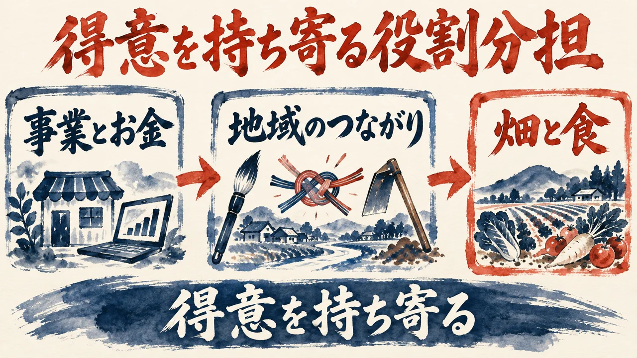 得意を持ち寄る役割分担をテーマにした図解。事業とお金、地域のつながり、畑と食の3つの枠と、パソコンと店、筆と水引、鍬と野菜を描いた水彩の絵