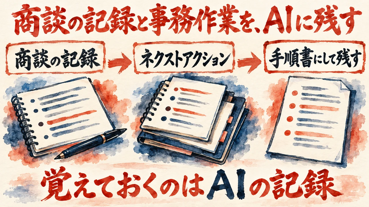 和紙に描いた水彩の図解。商談の記録、ネクストアクション、手順書にして残す、の3つが矢印でつながり、下の帯に覚えておくのはAIの記録、と書かれている。