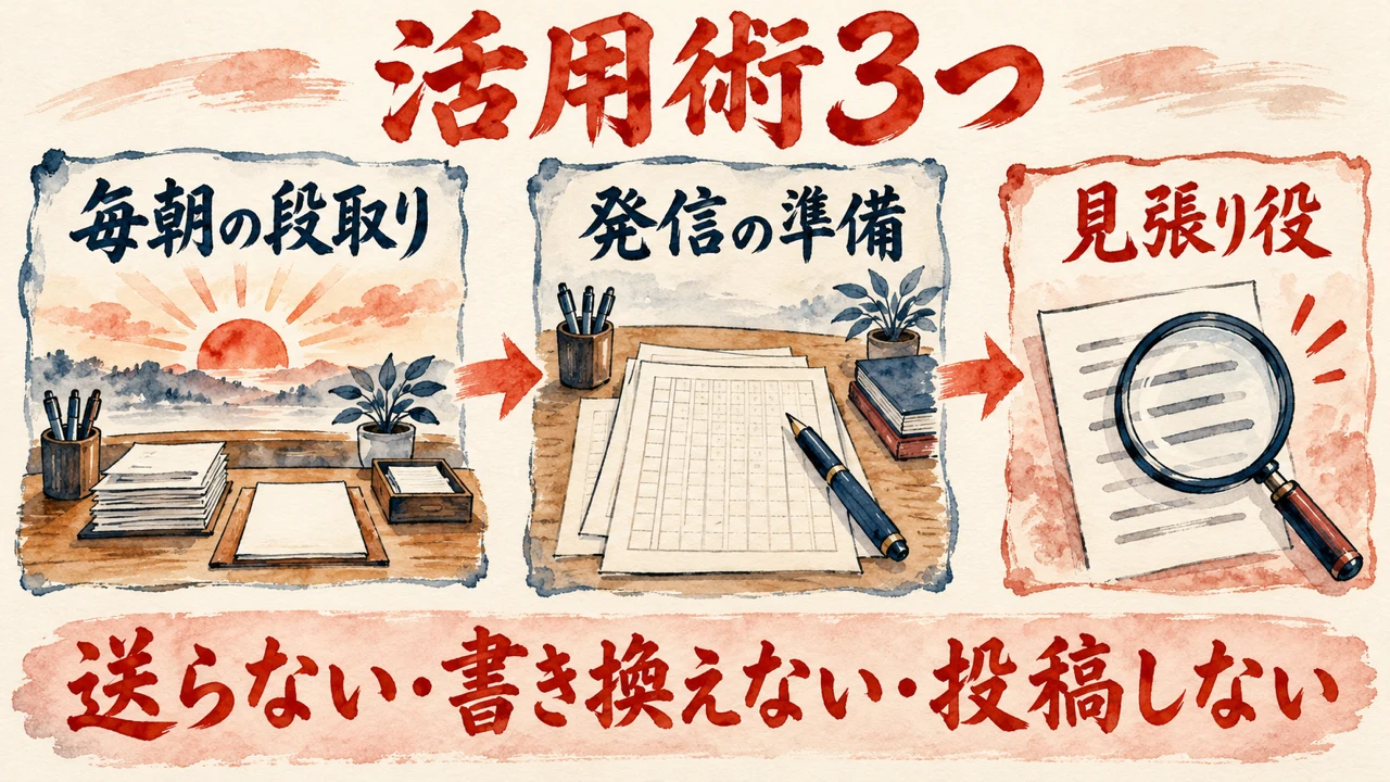 「活用術3つ」の図解。「毎朝の段取り」「発信の準備」「見張り役」の三つの札と、朝日と机の水彩画。下の帯に「送らない・書き換えない・投稿しない」